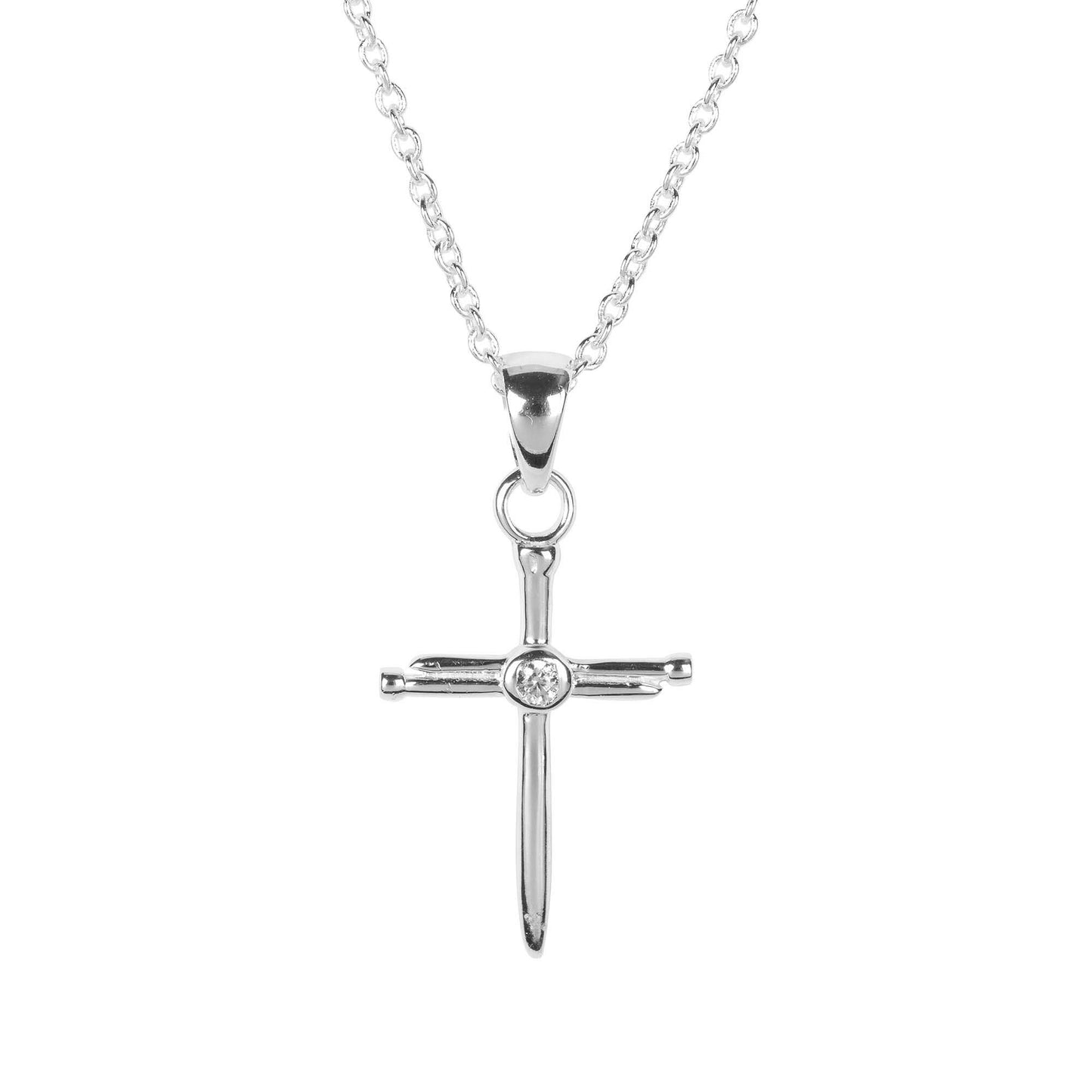 NAIL CROSS with Cubic Zirconia SILVER PLATED 18" CHAIN