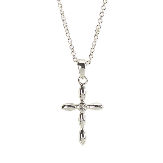 SILVER PLATED PETAL CROSS W/CRYSTAL NECKLACE