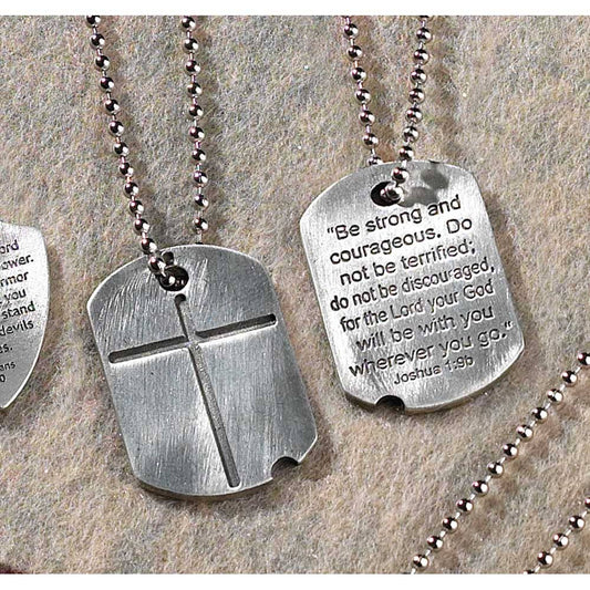 Dogtag Cross Necklace Josh 1:9B Pewter 21" Chain