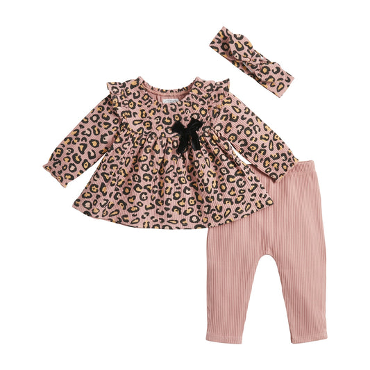 Baby Girls Mauve Leopard Long Sleeve Tunic with Ribbed Leggings and Headband