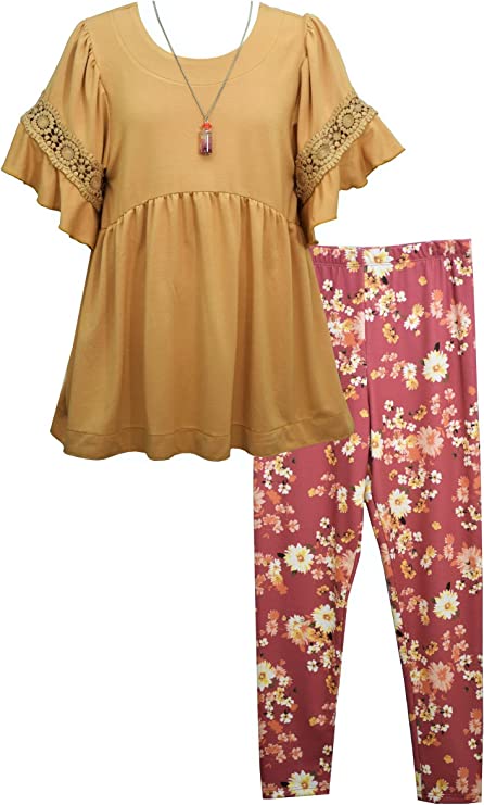 Point de Venise Lace-Trimmed Tunic Top & Printed Leggings and Necklace Girls 7-16