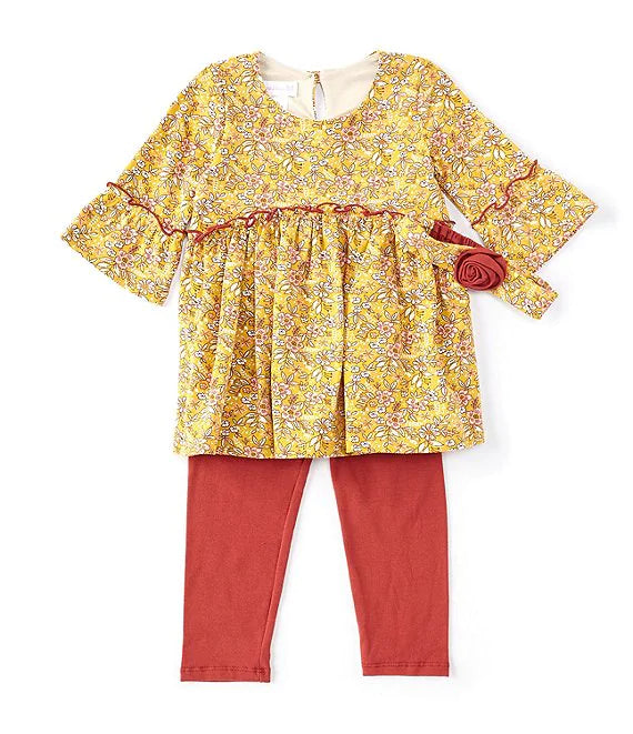 Little Girls Mustard Printed Tunic with Solid Legging Set and headband