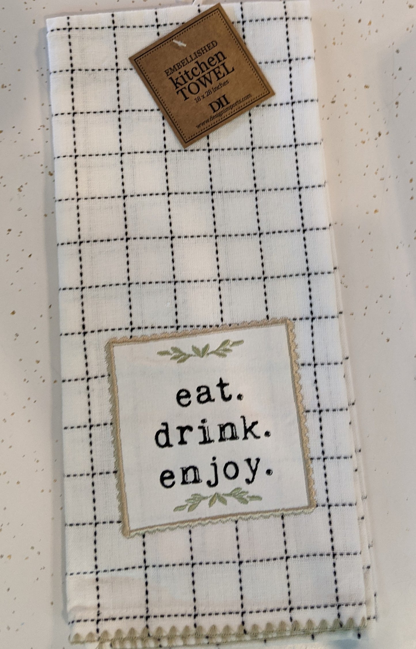 Eat, Drink, Enjoy Embellished Dishtowel