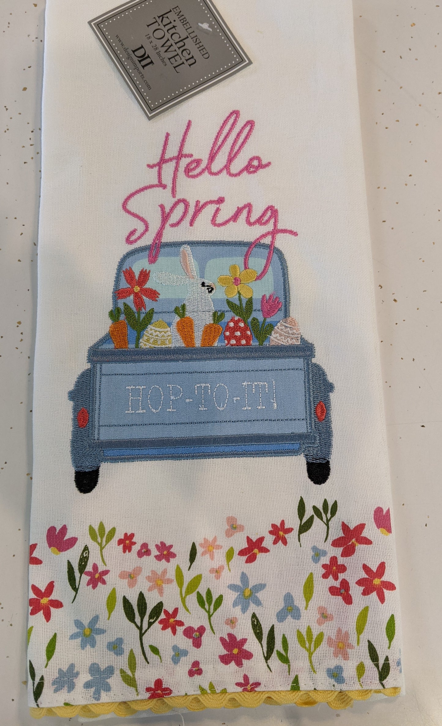 Hello Spring Bunny in Blue Truck Dishtowel