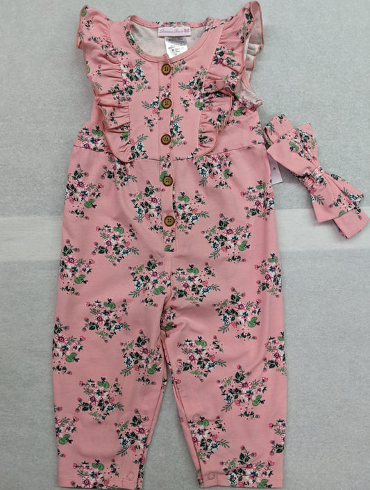 Pink Floral Button Front Sleeveless Jumper with headband 12mo - 4T