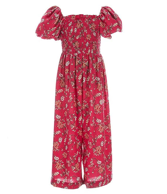 Puff Sleeve Wide Leg Smocked Ditsy Floral Jumpsuit Girls 4-16