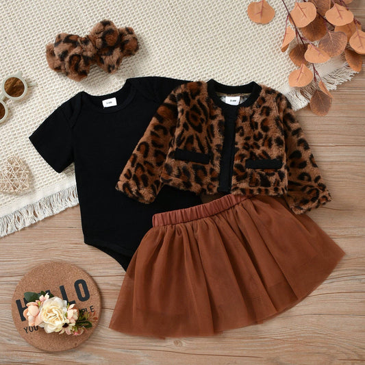 3pcs Baby  Fleece Leopard Outwear and Tutu Skirt Set