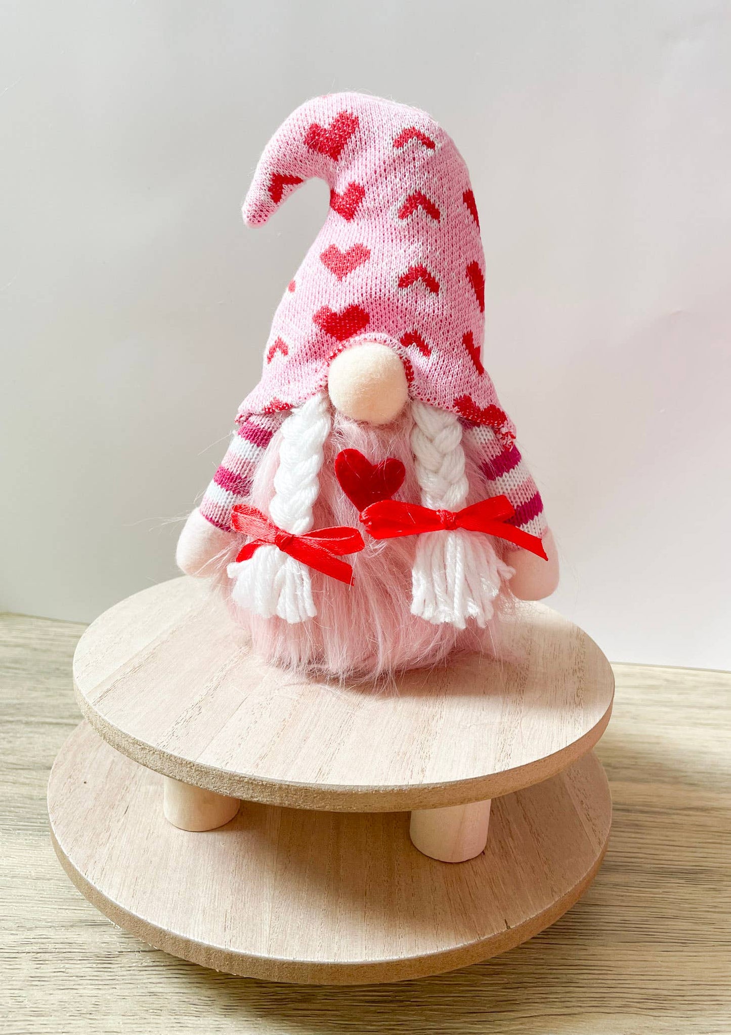 Valentine Gnome-Pink Heart Hat with White Braids