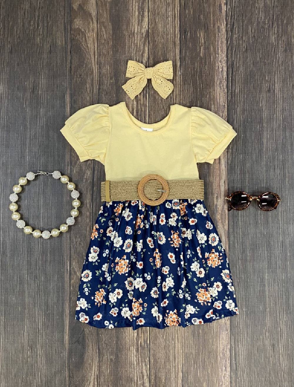 Pale Yellow & Navy Floral Belted Puff Sleeve Dress